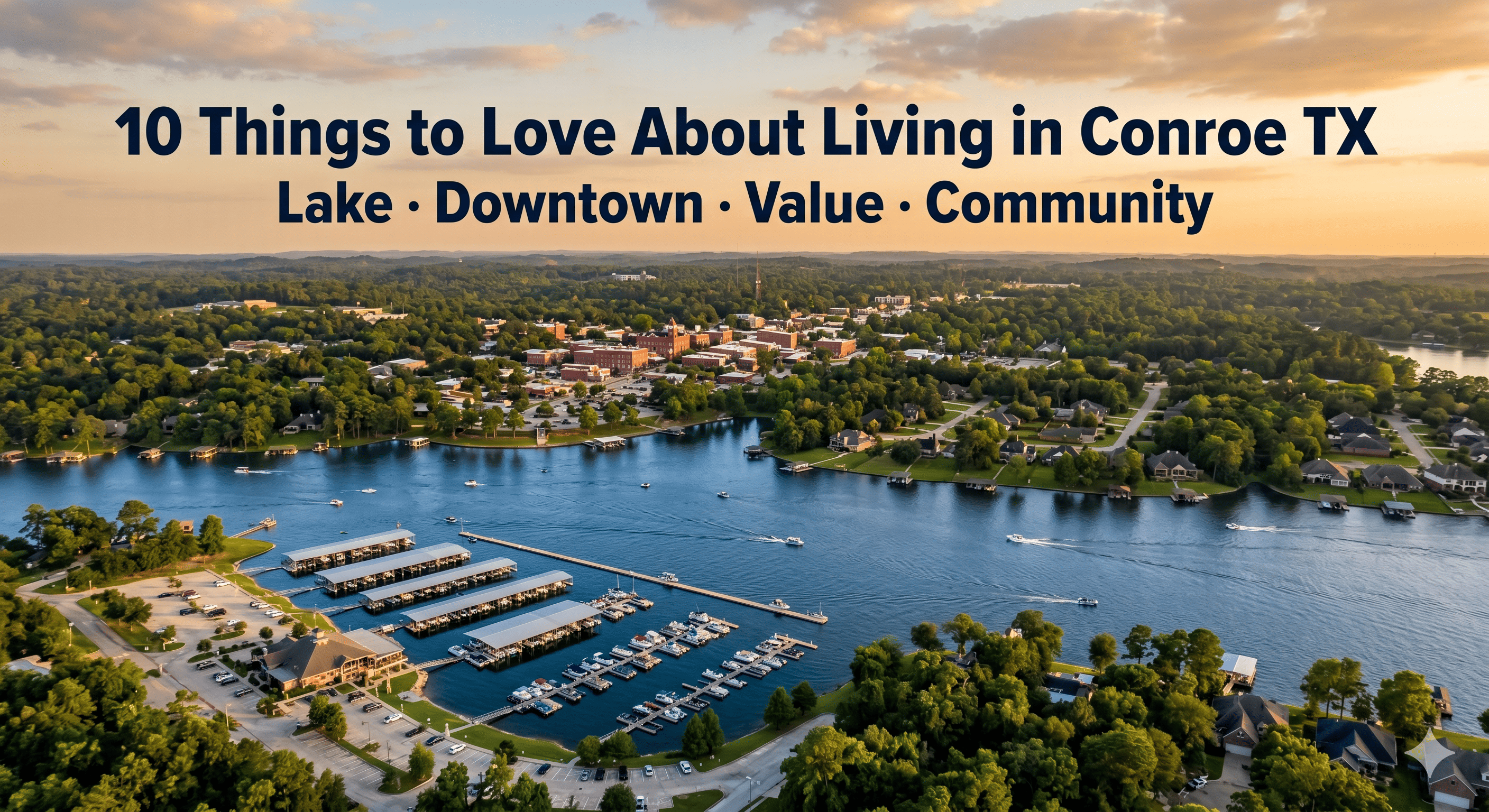 Aerial view of Lake Conroe TX at golden hour — marina, boats on the water, and downtown