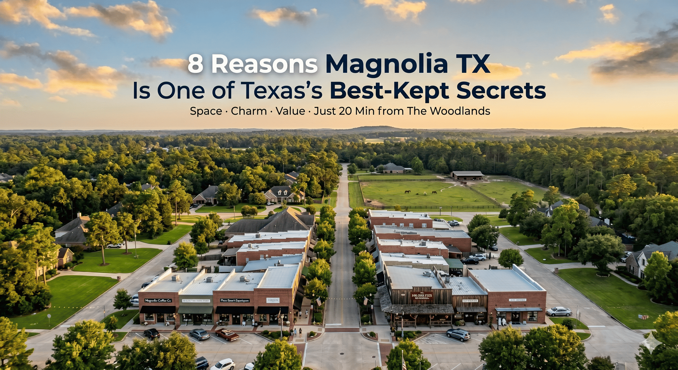 Aerial view of Magnolia TX downtown at golden hour — small town charm and wooded lots