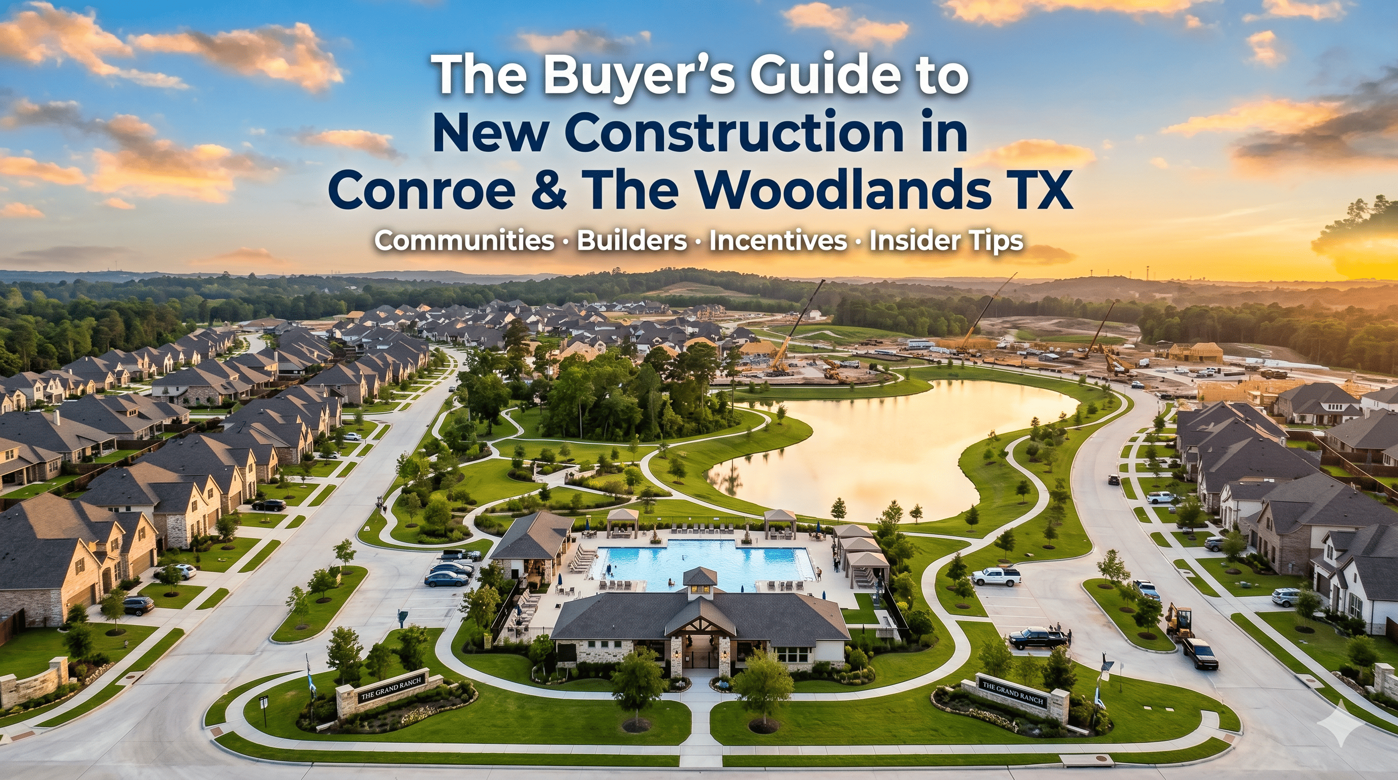 New construction community in Conroe TX — aerial view of amenity center and community lake