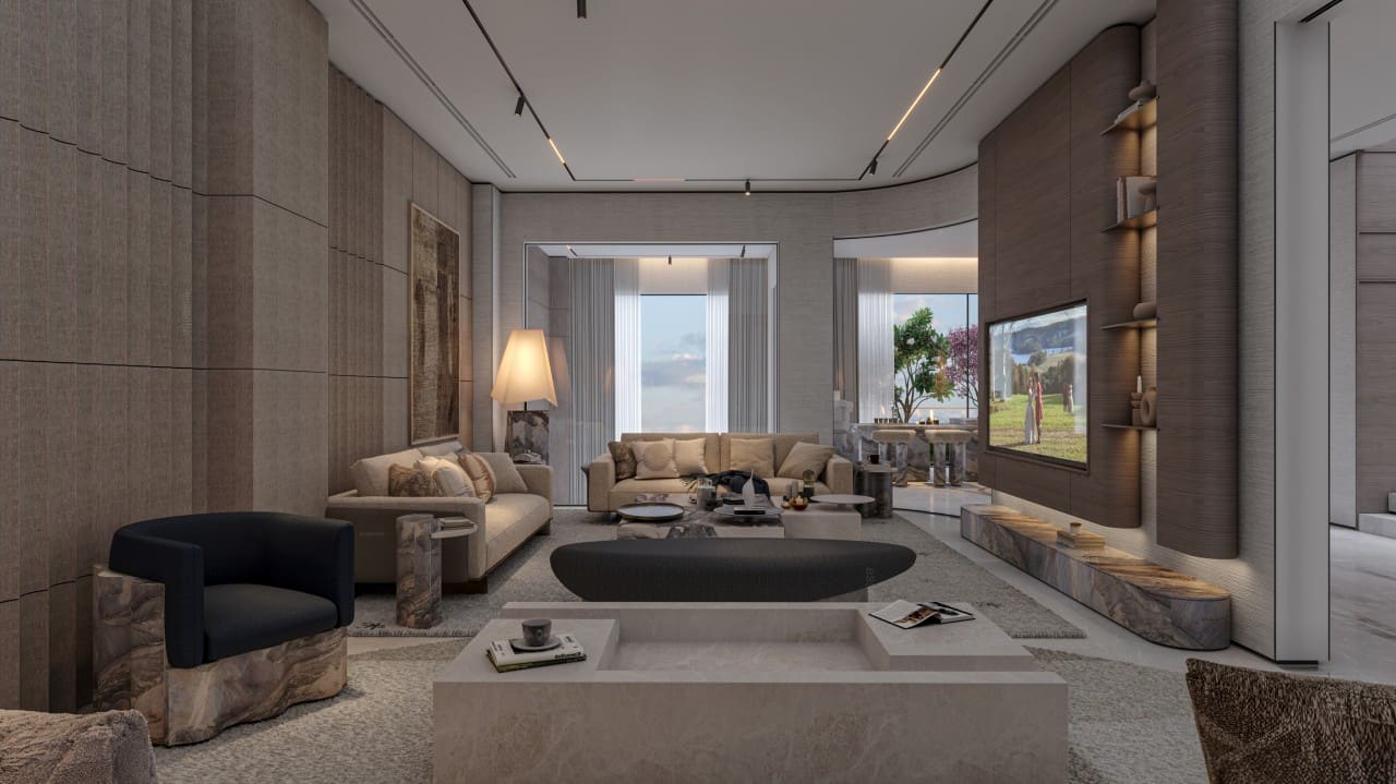 Quiet luxury interior design Houston 2026 — warm modern living room with natural stone and neutral tones