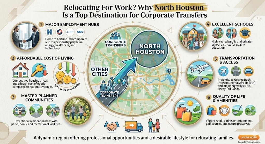 Relocating for work to North Houston TX — corporate transfer infographic