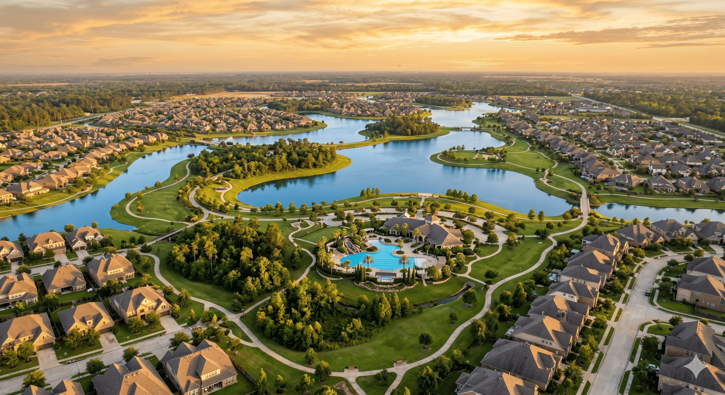 Aerial view of Bridgeland master-planned community in Cypress TX showing lakes, trails, and neighborhoods