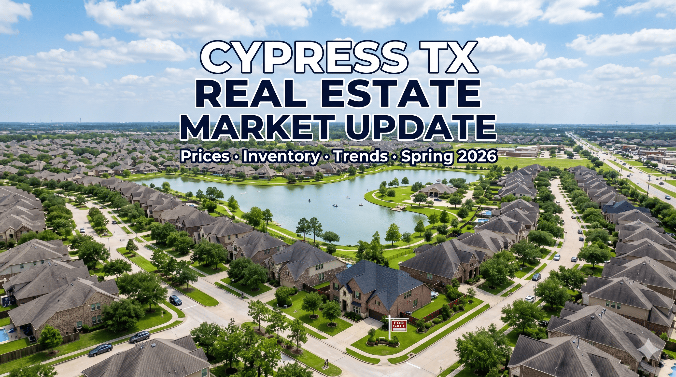 Cypress TX real estate market update spring 2026 — aerial view of master-planned community with lake