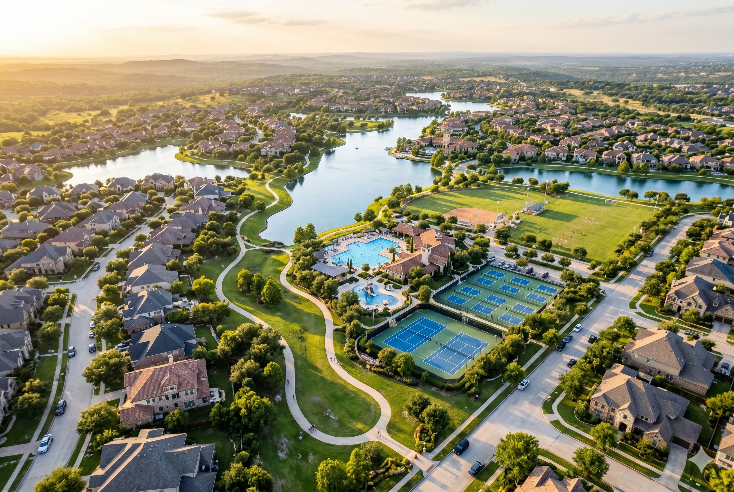 Aerial view of Fairfield master-planned community in Cypress TX — lakes, trails, and homes