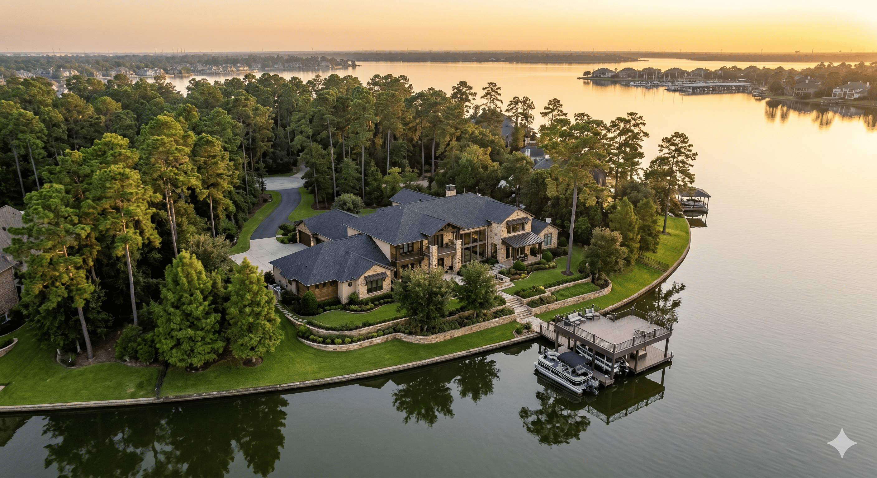 Wooded waterfront estate home with private dock on Lake Conroe in Grand Harbor gated community Montgomery TX