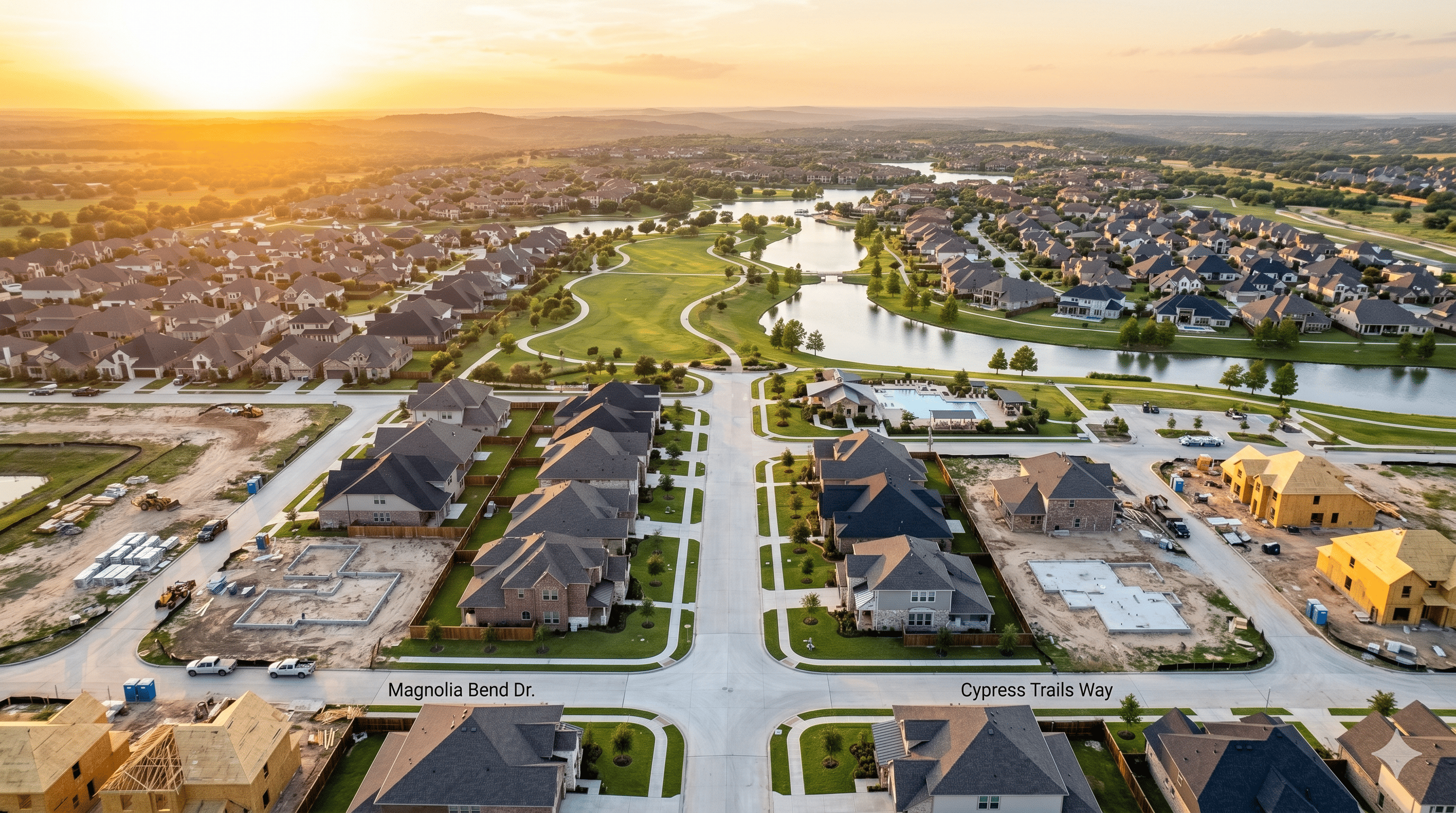 Aerial view of new master-planned subdivisions under development in Magnolia Texas along SH 249 corridor