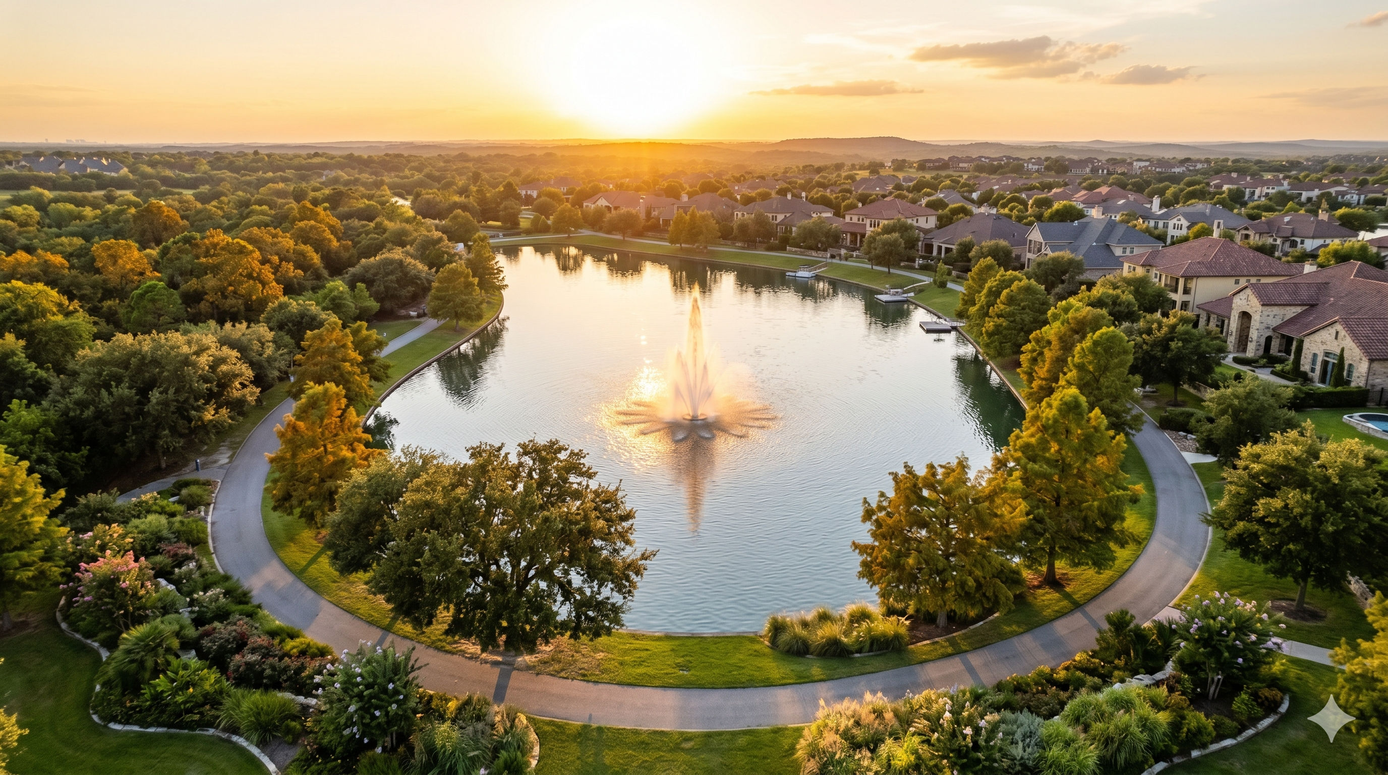 Scenic lake with fountain and walking trail in Villages of Cypress Lakes master-planned community in Cypress TX